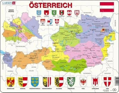 Larsen Rahmen-Puzzle, 70 Teile, 36x28 Cm, Karte Österreich (politisch) 1 Larsen Rahmen-Puzzle, 70 Teile, 36x28 Cm, Karte Österreich (politisch)