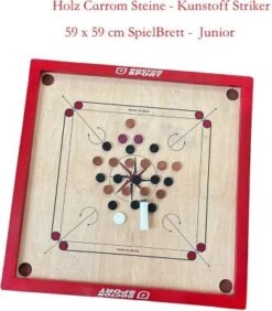 DOCTOR SPORT Karromspiel Original Carrom Brett Spiel - Hergestellt In Indien - Holz-scheiben - Kunststoff Striker - 59x59 Cm Offizielles Spielbrett - Komplett Top