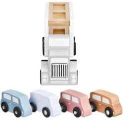 Mamabrum Autotransporter Aus Holz Mit Fahrzeugen Mit 1 Lastwagen Und 4 Holzautospielzeugen Spielzeugauto