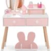 COSTWAY® Schminktisch Hasenform Mit Spiegel & Hocker & 2 Schubladen