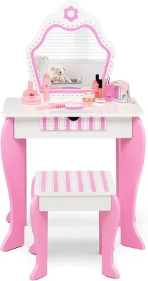 COSTWAY® Kinderschminktisch Mit Hocker & Spiegel Abnehmbar 2-in-1